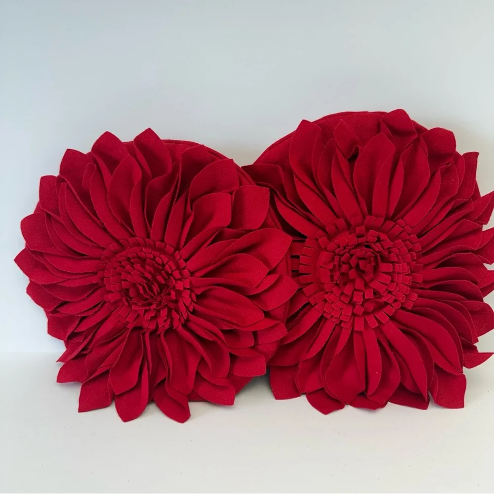 Set of 2 Red Wool 3D Floral Sculptural Pillow Covers Rosette valentine’s Decor